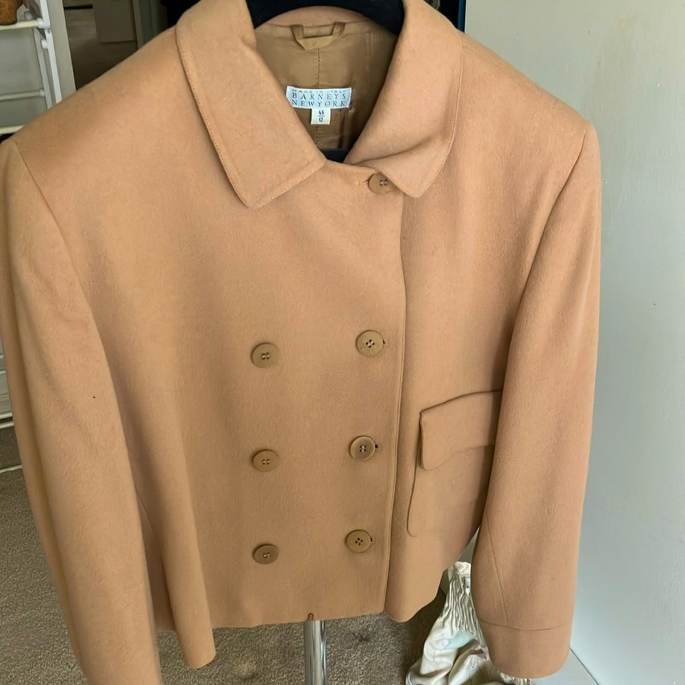 Giogio Armani camel two piece suit. Short skirt. Above the knee. Size 12